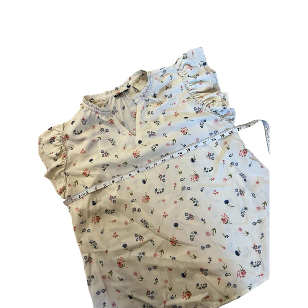 Women’s Blouse Printed Large Cream Flutter Short Sleeve Top Shirt L - Picture 6 of 8